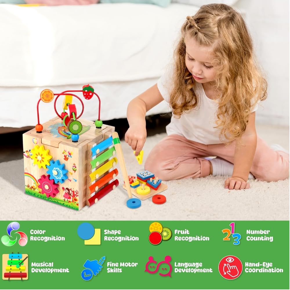 8-in-1 Montessori Wooden Activity Cube – Educational Toy with Word Cards – Ages 1+-Windsor Avenue Toys