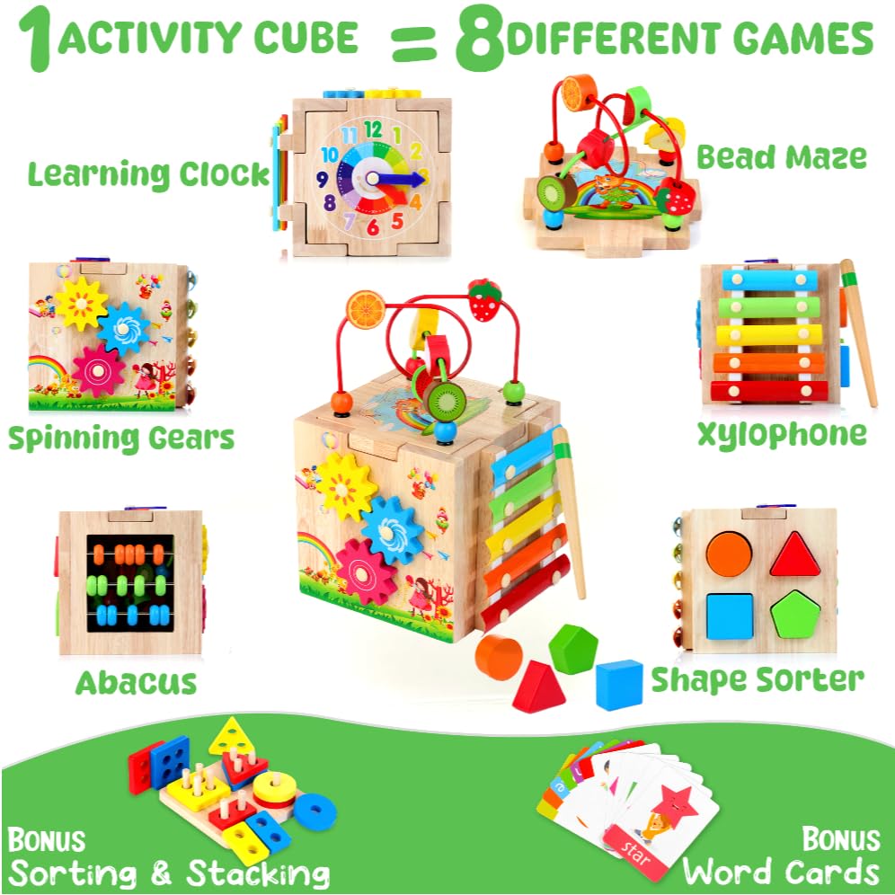 8-in-1 Montessori Wooden Activity Cube – Educational Toy with Word Cards – Ages 1+-Windsor Avenue Toys