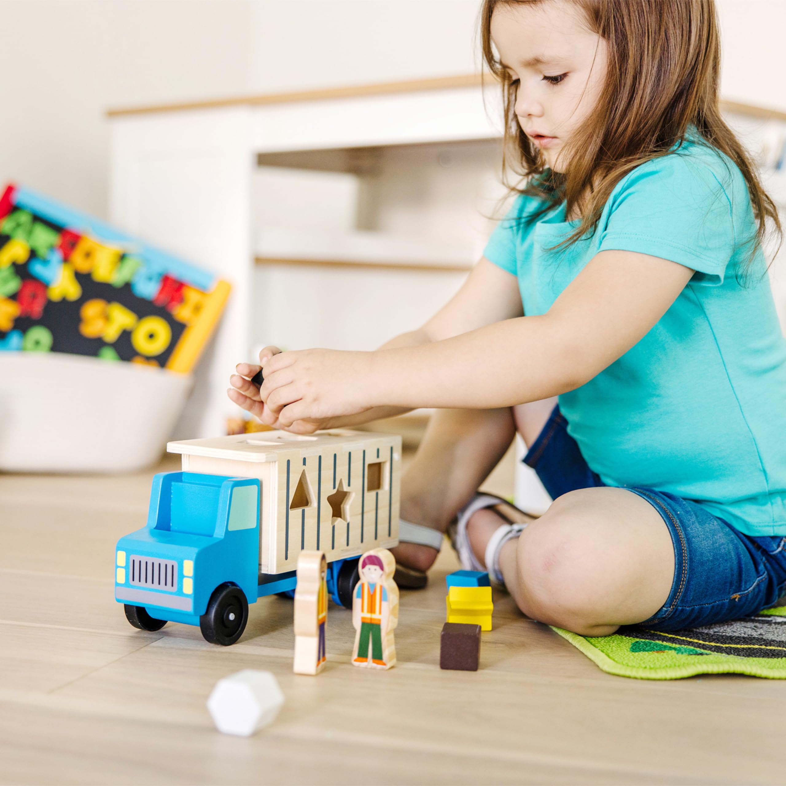 Melissa & Doug Wooden Dump Truck Shape Sorter Toy – 9 Shapes & 2 Figures-Windsor Avenue Toys