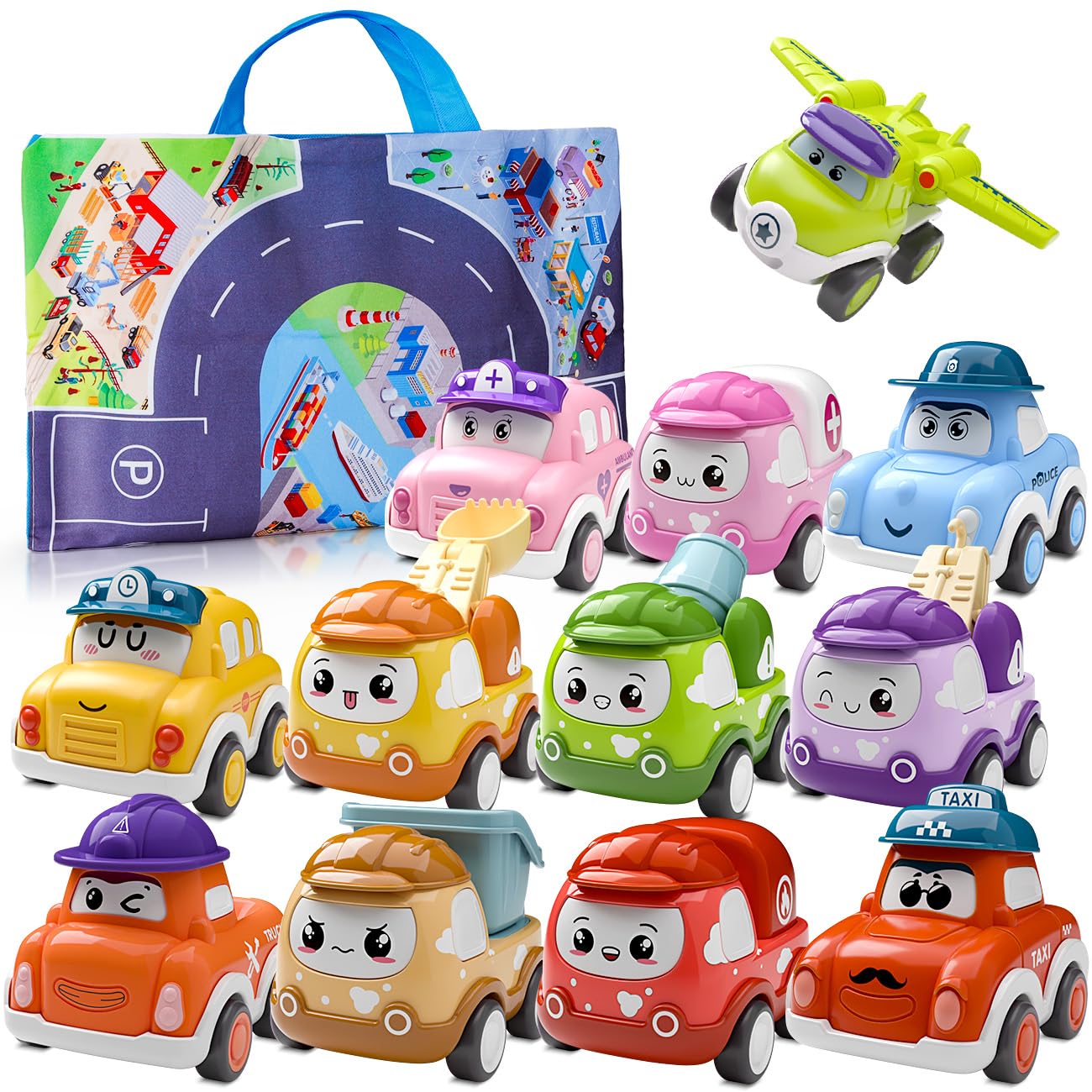 Mini Pull-Back Truck Set with Playmat – 12 Pieces – Ages 1–2-Windsor Avenue Toys