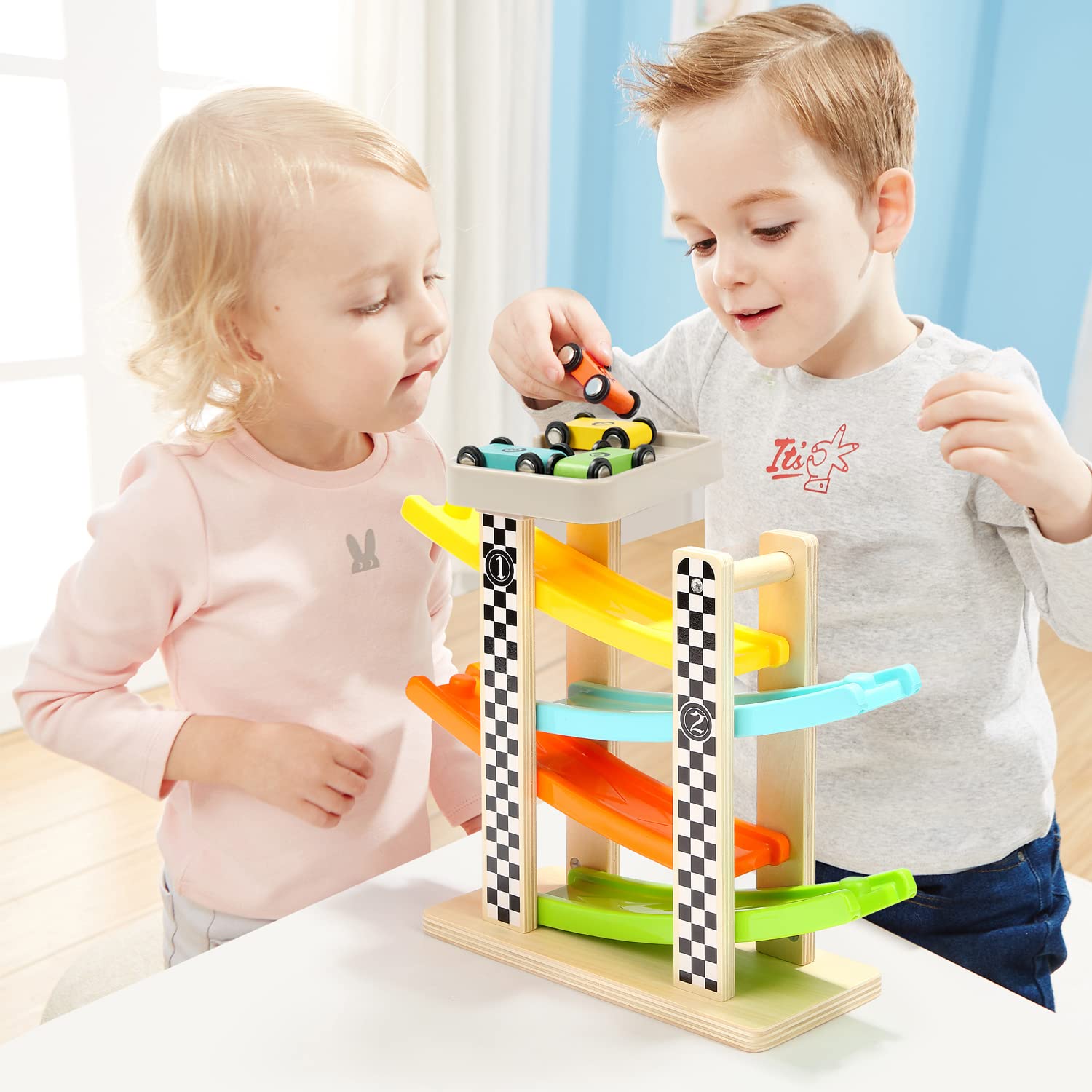 Wooden Race Track Car Ramp with 4 Mini Cars – Toddler Toy for Ages 1–2-Windsor Avenue Toys
