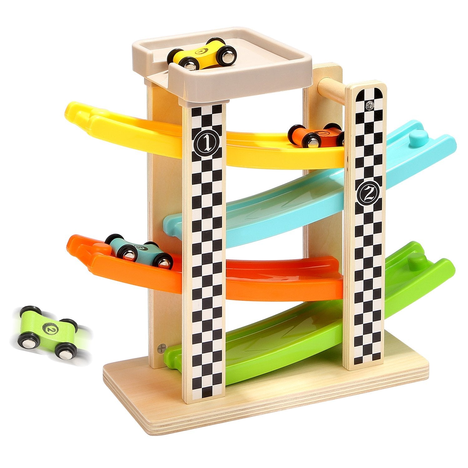Wooden Race Track Car Ramp with 4 Mini Cars – Toddler Toy for Ages 1–2-Windsor Avenue Toys